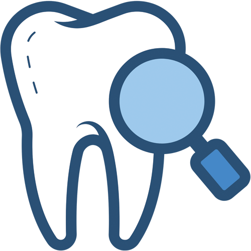 General Dentistry Icon of a tooth with a magnifying glass on top of it.